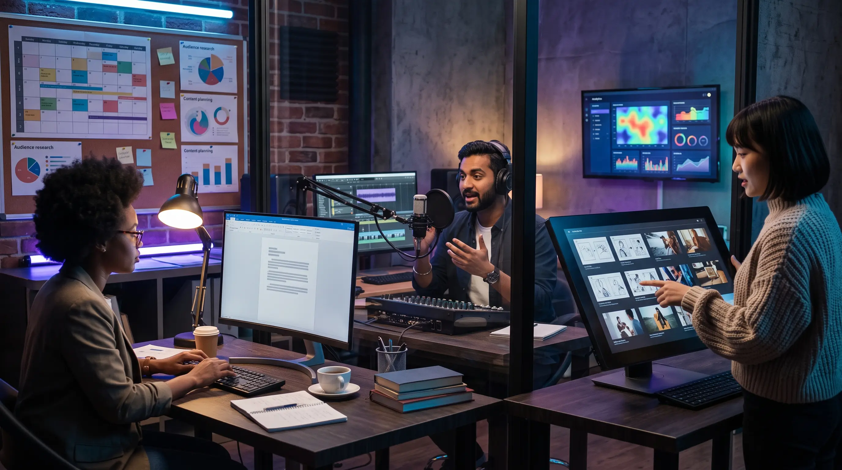 Writers, audio producers and visual creators working in a collaborative studio with editorial planning and analytics tools.