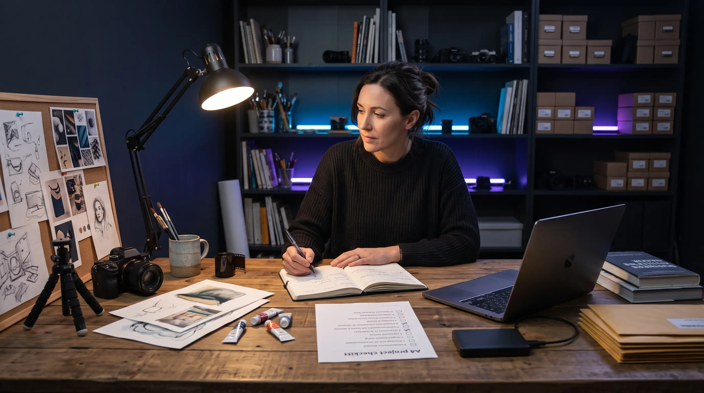 A sleek, organized creator workspace illuminated by subtle blue and cyan lighting, representing the transition to professional business systems.